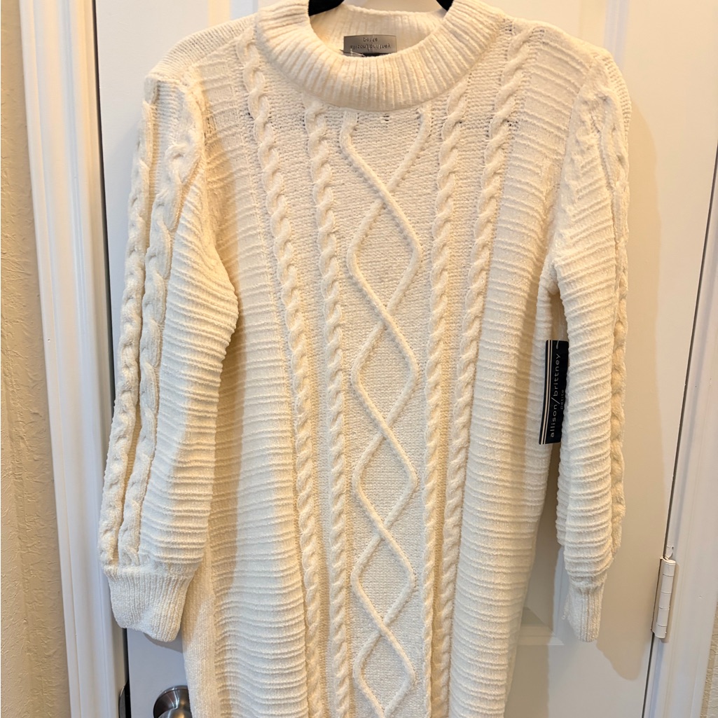 Allison Brittney Petite Ivory Cable Knit Chenille Sweater Dress Cozy Winter M